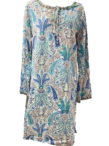 Weltmarkt Damen Kleid große Tunika weiß blau Paisley Baumwolle Boho Sommer