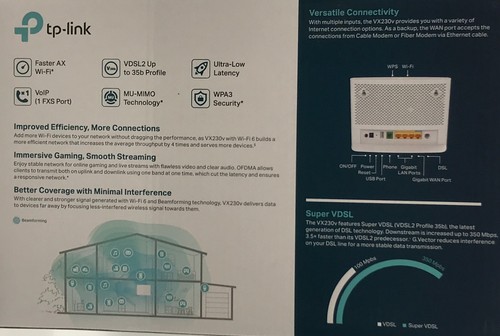 TP-LINK AX1800 DUAL-BAND WI-FI 6 VDSL/ADSL MODEM ROUTER (VX230V) #4672NOB - Picture 2 of 4