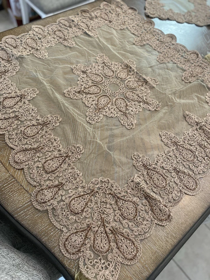 embroidery table cover Set 5 pic Fully velvet Bead Handmade Christmas Tablecloth - Image 4 of 4