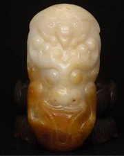 Certified Natural Hetian Jade carved Qing Dynasty Lion Buckle Statue11197