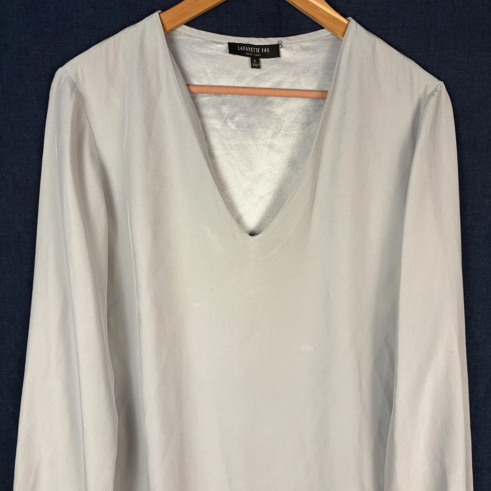 Blusa túnica de seda manga larga clásica Lafayette 148 para mujer talla L gris plateado Foto 2 de 4