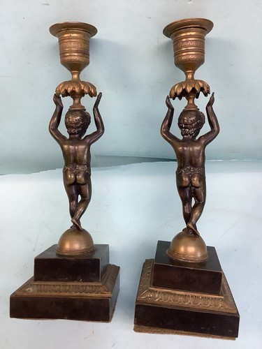 Antiker Kerzenständer figürlich Bronze, Gold 9 1/2" hoch - Bild 2 von 11