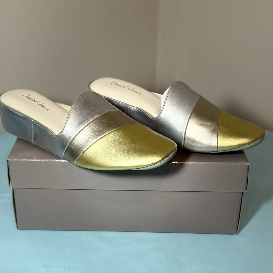 Zapatillas Daniel Green Denise Glamour Slip On Cuña Tacón Abierto Dorado Plata Talla 7 Foto 2 de 4