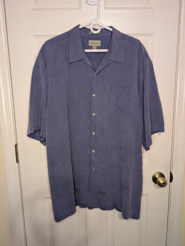 Cutter & Buck Blue Silk Button Front Short Sleeve CampShirt Mens Size XXL