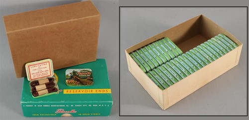 30 antike Drogerie Deans Rubber Co PFAUEN KONDOME Miniatur Dosen & Box NR