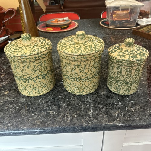 3 Robinson Ransbottom Pottery Crock Jar Canisters Spongeware Vintage With Lids - Picture 1 of 12