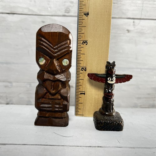 2 Carved Wooden Tiki Wood Carving Totem Statue Polynesian Home Decor - Picture 6 of 8