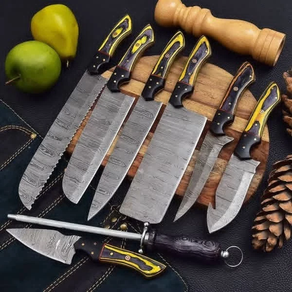 7 PCS Damascus Steel Chef Knife Set Hand Forged Kitchen Knives