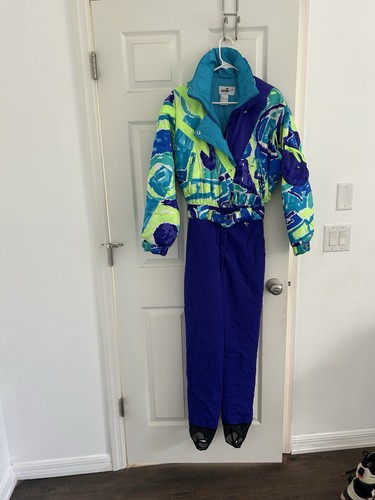 Vintage Obermeyer Ski Snow Suit Women 8 Bright Neon 80s 90s Blue Yellow Green - Picture 7 of 9