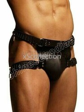 Male Strict Real Leather Chastity Pants Belt Locking wear Body Harness