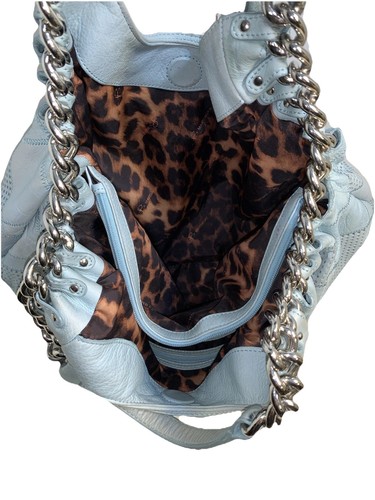 B.Makowsky Large Powder Blue Leather Satchel Handbag Silver Chain Leather Straps - Picture 9 of 23