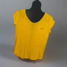 Loft Linen Sz M Mustard Yellow Pocket T Shirt Knit 100% LINEN