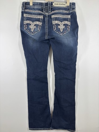 Rock Revival MidRise Urban Red Boot Embroidered Embellished Blue White Jeans 28 - Picture 2 of 6
