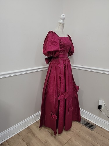 Vintage 80 Markenlos Abschlussball Formell Burgun Taft Kleid/Puffärmel/Maxi - Bild 6 von 14