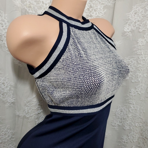 70's U.S.A. UNION Long Maxi Dress MOD HALTER GOWN Blue Silver Formal Party MED - Picture 5 of 9