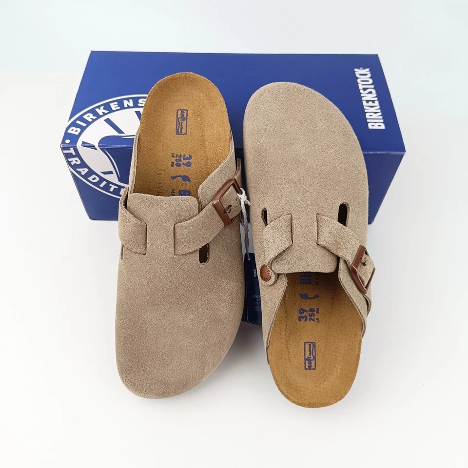 Birkenstock Boston Plantilla Suave Gamuza Cuero Zuecos Taupe Zapatos Confort 37-45 Foto 2 de 4