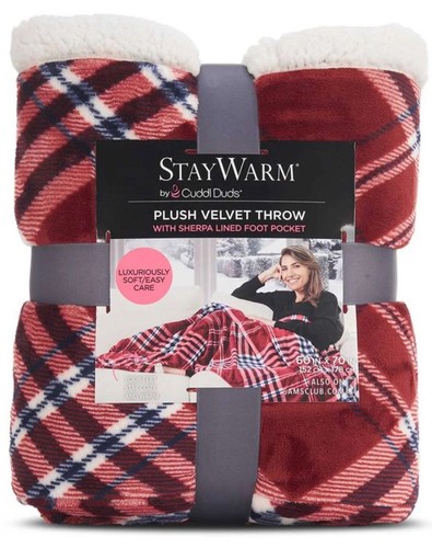 STAY WARM BY CUDDL DUDS SUPER SOFT PLUSH VELVET THROW BLANKET W/SHERPA FOOT POCK - Picture 1 of 8