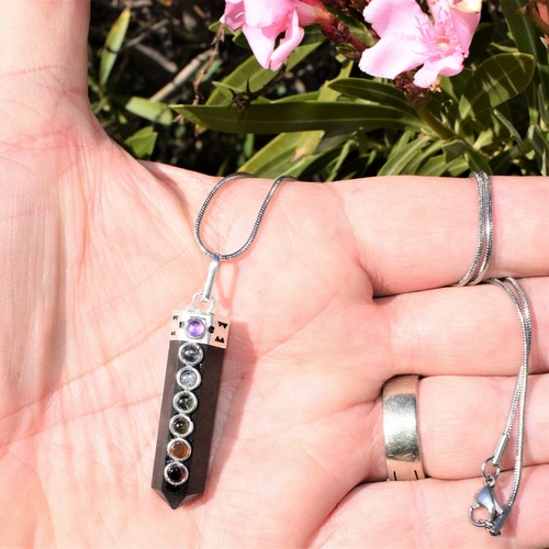 7 Chakra Himalayan Black Tourmaline Point Pendant + 20" Stainless Steel Chain - Picture 7 of 9