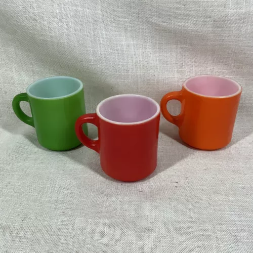 Vtg Set 3 Hazel Atlas “Orange Peel” Texture Painted Milk Glass Cup Mug MCM
