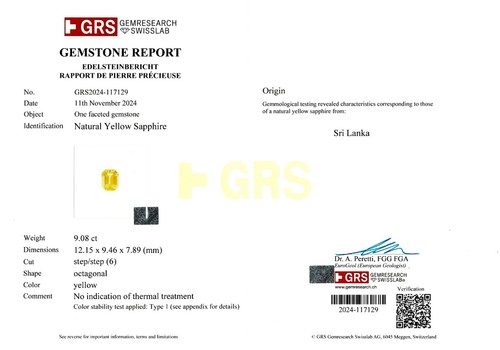 GRS Certified CEYLON Yellow Sapphire 9.08 Ct. Natural Untreated FLAWLESS Octagon - Picture 2 of 6
