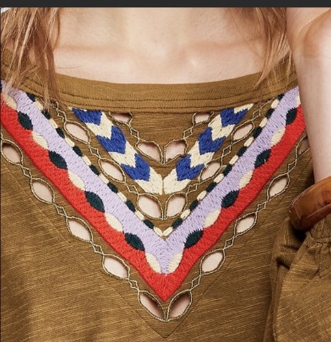 New..! FREE PEOPLE Top Hand Me Down Embroidered Small L Balloon Sleeves Cropped - Picture 7 of 9