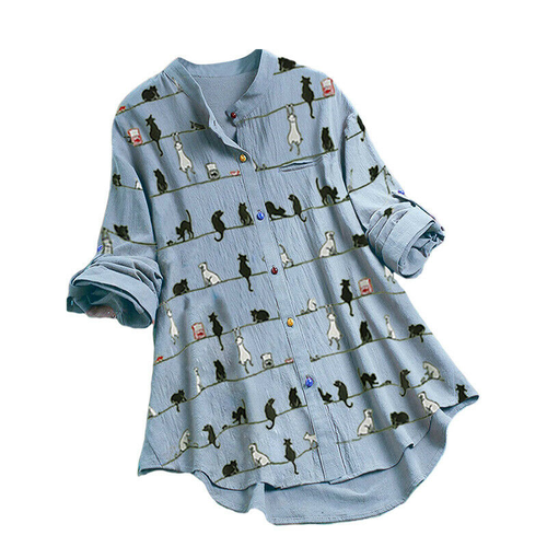Plus Size Women Cat Print Button Shirt Long Sleeve Loose Casual Tops Tee Blouse - Picture 8 of 17