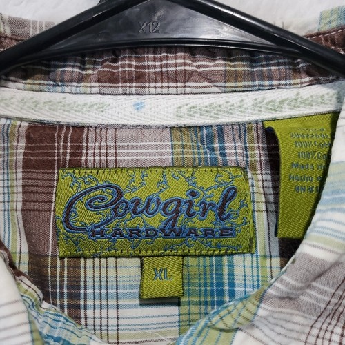 Cowgirl Hardware Western Shirt Women's Brown Green Plaid Pearl Snap Size XL - Picture 3 of 10
