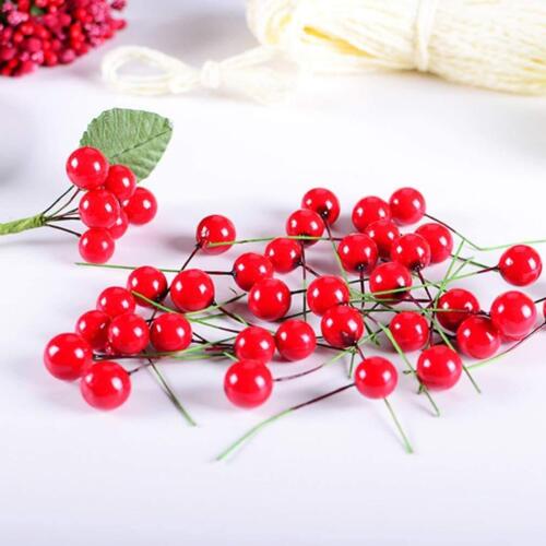100pcs Christmas Red Berry Stems 2" Artificial Holly Berries Branches Floral ...