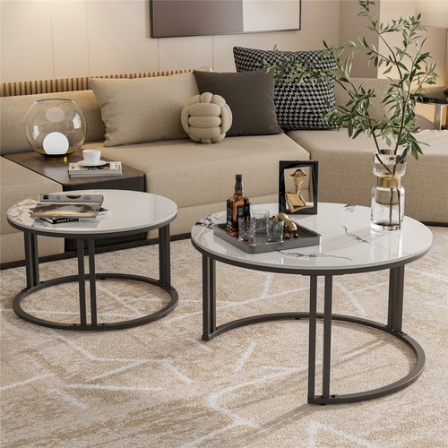 2xHigh Profile Round Nesting Marble Coffee Tables Set Sofa End Table Modern Deco - Picture 32 of 36