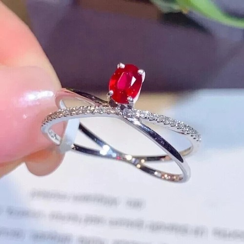 14k White Gold Plated Oval Cut Simulated Red Ruby 925 Silver Wedding Band Ring - Picture 7 of 8