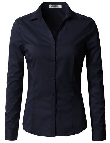 Womens Basic Long Sleeve SLIM FIT Button Down Shirt V-Neck Collared 068 - Picture 62 of 105