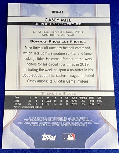 2020 Bowman Sterling Prospect Speckle Refractor Casey Mize #BPR-41 /99 - Bild 2 von 6