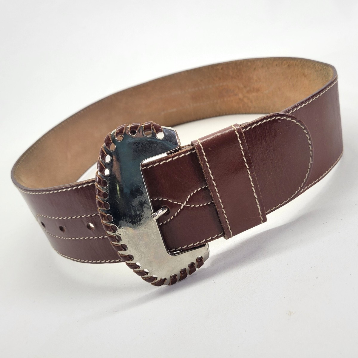 Vintage Leather Waist Belt 26 Stitched Buckle Western Wide  display picture 1