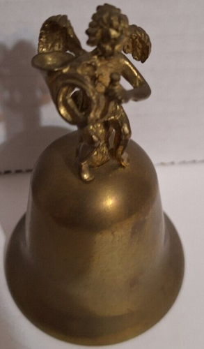 Vintage Brass Silvestri Angel Cherub Bell with French Horn 4 1/8" Tall Hong Kong - Picture 6 of 6