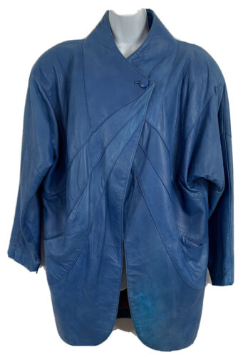 Vintage Karen Soft Blue Oversized Leather Coat Jacket Sz S Batwing Sleeves Pkts - Picture 1 of 12