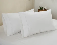 Simple & Opulence 100% Linen Pillowcases 1 Pair Embroidery Line White Std/Queen