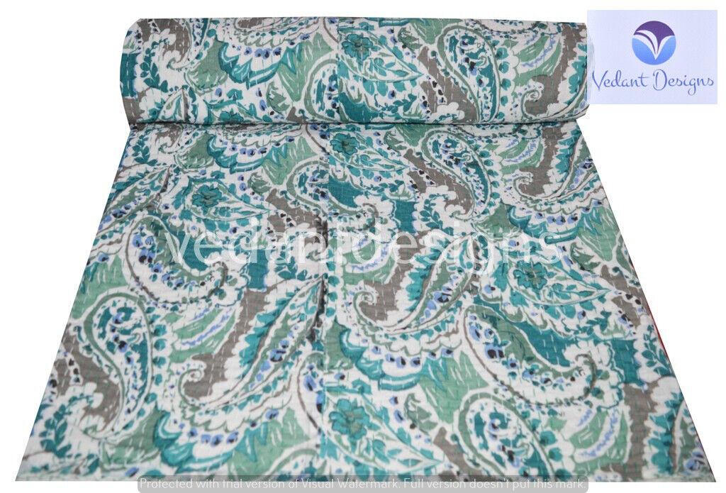 Vintage Paisley Kantha Quilt Blanket Indian Bedspread Coverlet Throw Art Nowa, popularna WYPRZEDAŻ