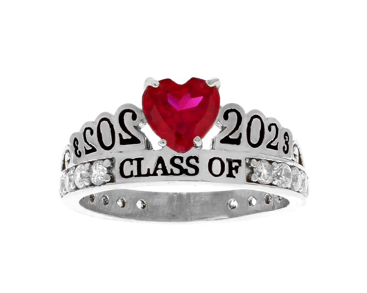 10k or 14k White Gold Simulated Ruby Birthstone 2023 Graduation Ring