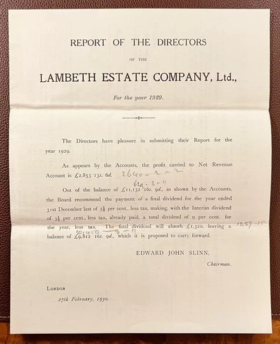 Informe y balance de directores de Lambeth Estate Company 1930 - cuentas de 1929 - Imagen 2 de 3
