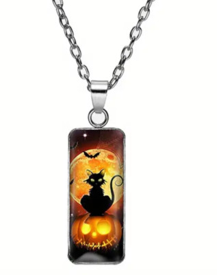 Halloween Black Cat On A Pumpkin Pendant Necklace