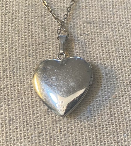M Signed Sterling Silver 14kt Yellow Gold HEART LOCKET PENDANT Chain 18” Hearts - Picture 6 of 6