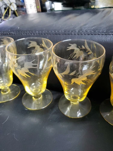 Elegant Depression Tumblers (4) Yellow Topaz w/ Wheel Cut Flowers Etched