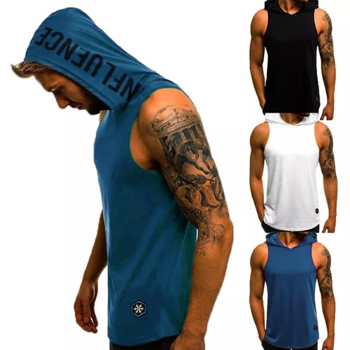 Men's Tank Top Streetwear Sleeveless Shirts Gym Men Fitness Hooded Shirt - Picture 4 of 26