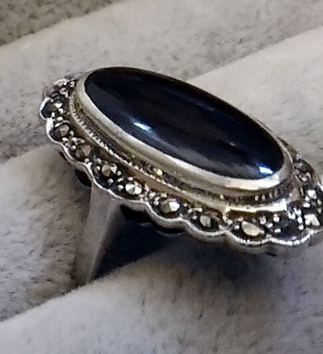 925 ECHT SILBER *** Großer Onyx-Markasit Ring, Größenauswahl - Picture 9 of 12