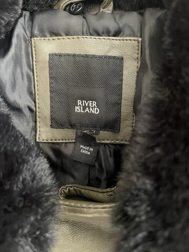 RIVER ISLAND GRAU/KHAKI KUNSTLEDER JACKE MANTEL, SCHWARZER FELLKRAGEN - Größe 18 - Bild 5 von 14