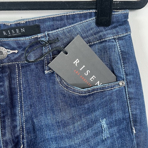 Risen Women's High Rise Flare Jeans Frayed Hem RDP1042 Blue Denim Wash 30x33 NWT - Picture 4 of 12