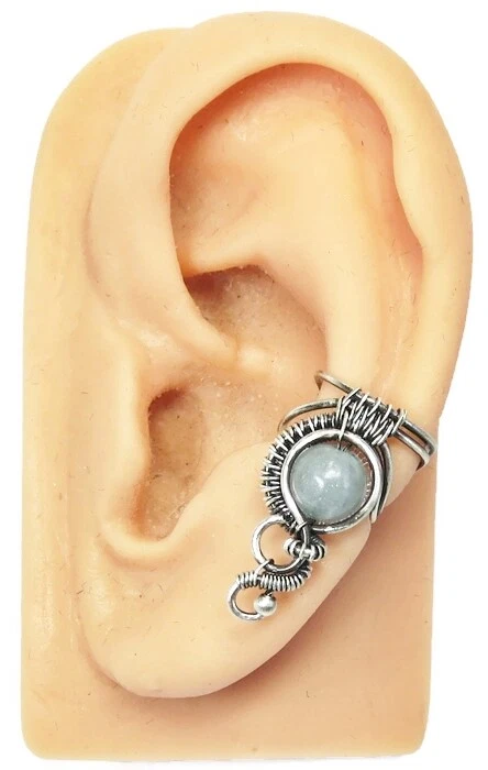 Par de orejeras de alambre tejido de aguamarina y plata de ley; pendientes no perforados Foto 3 de 4