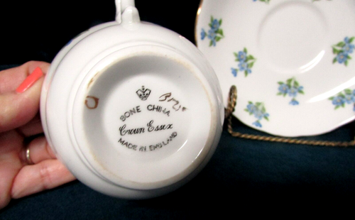 Victorian Crown Essex Bone China Tea Cup & Saucer England Blue Flowers - Picture 4 of 9