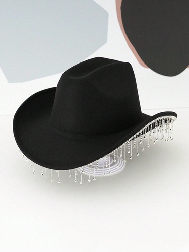 Unisex Solid - Color Cowboy/Cowgirl Hat - Rhinestone Tassel, for Various Events - Picture 17 of 36
