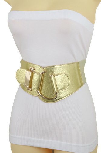 Mujer Elástico Ancho Dorado Color Cinturón Metal Hebilla Fin Fiesta Fit Size S M - Imagen 12 de 12
